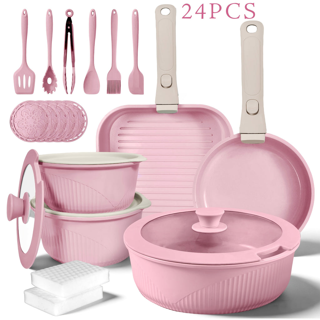Nonstick Cookware Set 5/7/24 Piece Induction Ready with Detachable Handles ¨C Stackable Pots & Pans Set Includes Skillet Frying Pan Soup Pot Steak Pan for Home RV Kitchen, Multiple Colors