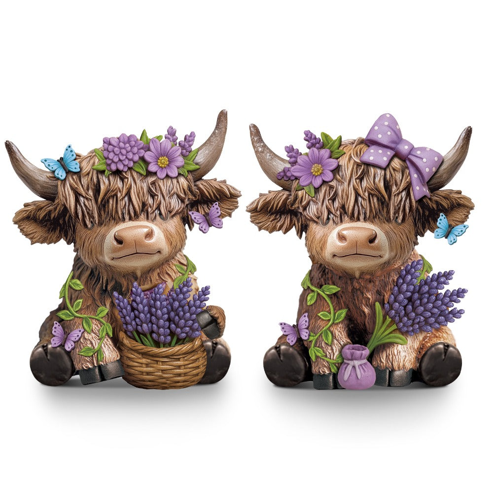 Scottish Highland Cow Figurines with Lavender - Resin Calf Statue Set of 2 for Home Garden Office Decor | Spring Table Centerpiece, Shelf Display & Housewarming Gift | Lavender-Themed Highland Cow Decor