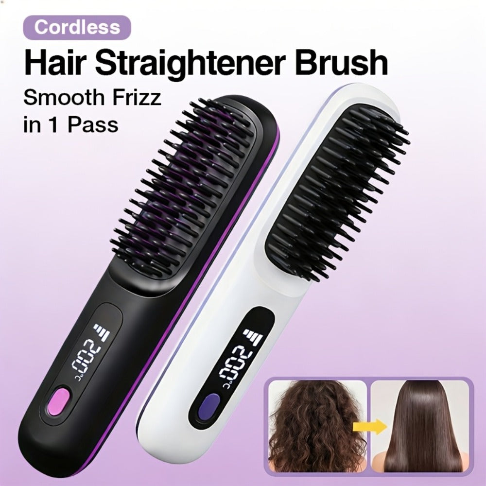 Cordless Hair Straightening Brush ¨C Mini Rechargeable Portable Straightener Comb for Travel Daily Styling, Fast Heating Anti-Scald Frizz Control for All Hair Types, Black & White