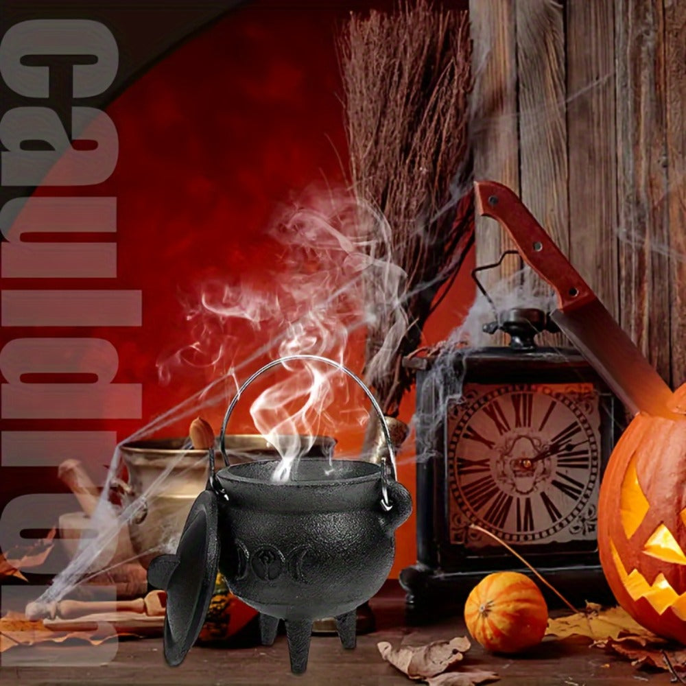 Cast Iron Cauldron with Lid & Handle ¨C Witchcraft Incense Burner, Spell Ritual Pot, Halloween Decor, Pentagram & Triple Moon Styles, Pagan Altar Cauldron