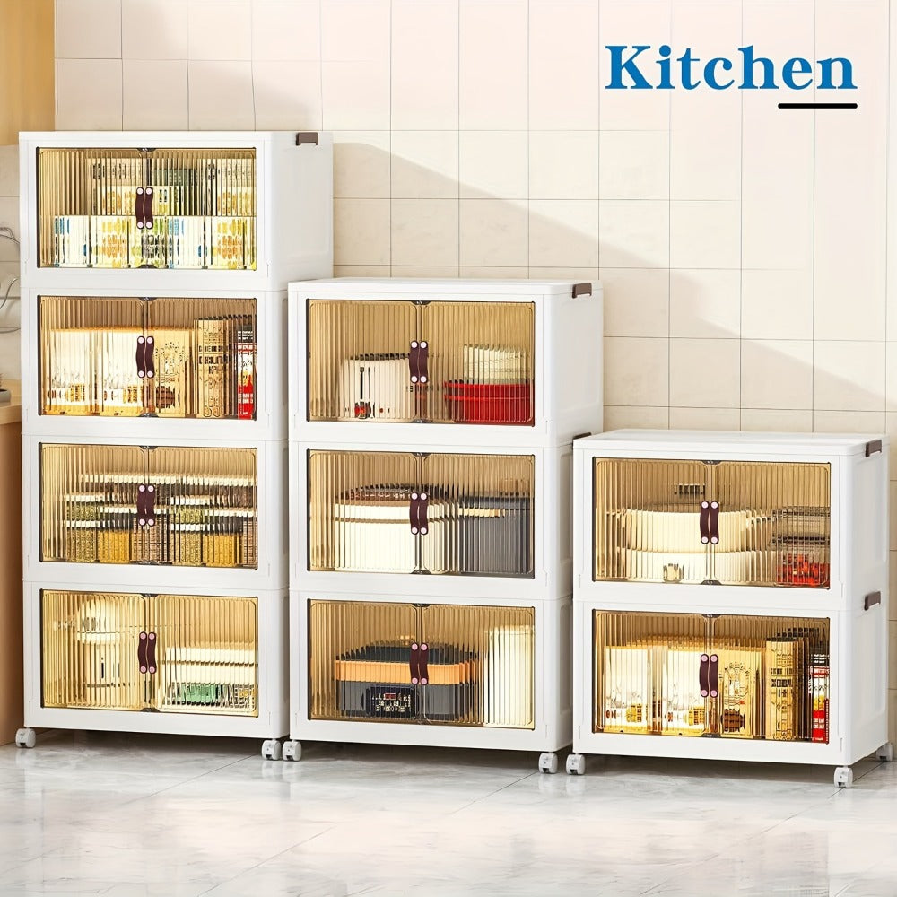 Plastic Storage Box with Wheels and Door Foldable - Large Capacity Rolling Storage Container with Layers for Bedroom, Kitchen, Living Room, Closet Organizer, 56CM Wide