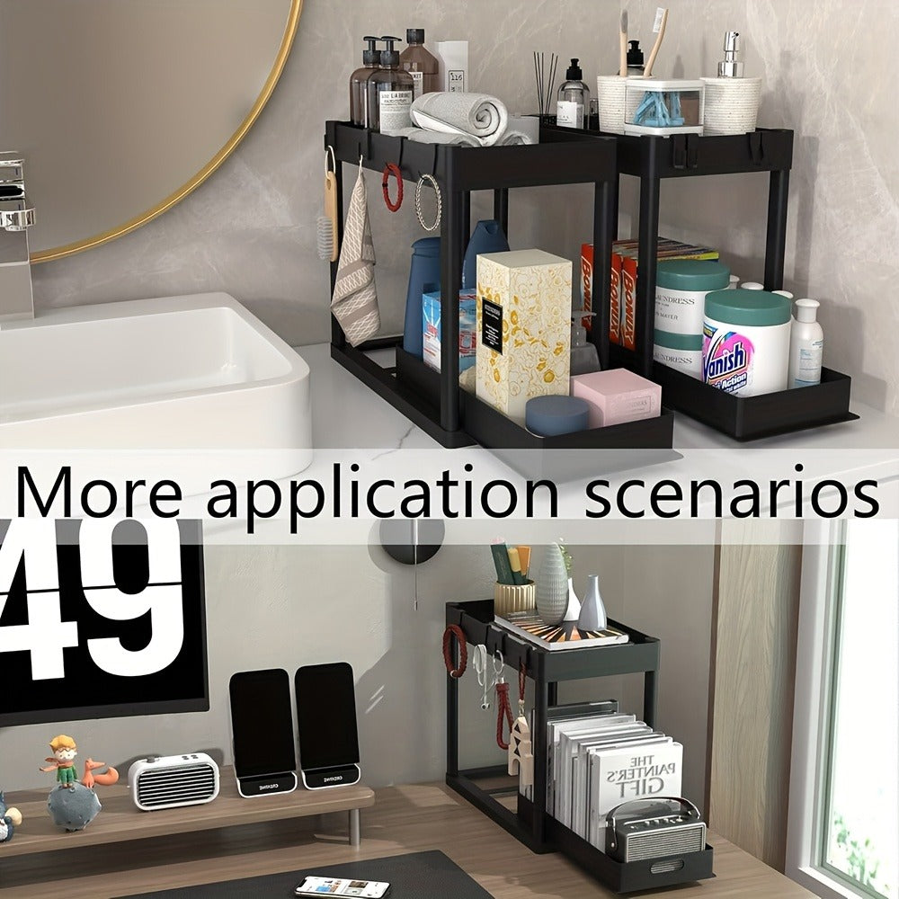 Under Sink Organizer Set of 2 ¨C Dual Tier Sliding Basket Drawers with 8 Hooks Kitchen Bathroom Cabinet Storage