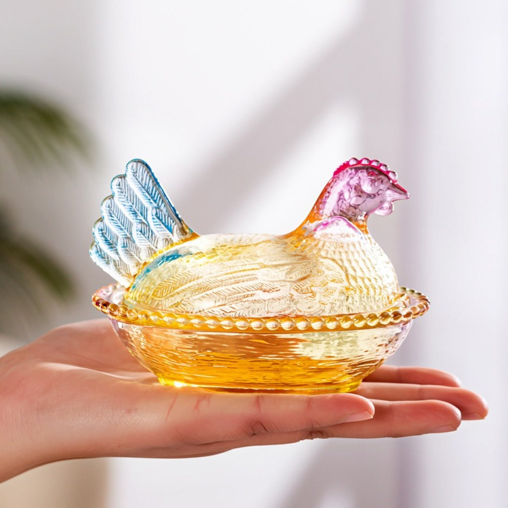 Chicken Shaped Glass Storage Jar with Lid Decorative Pearl Hen Candy Jar Reusable Desktop Organizer for Candy Fruit Snacks Kitchen Counter Home Decor Gift
