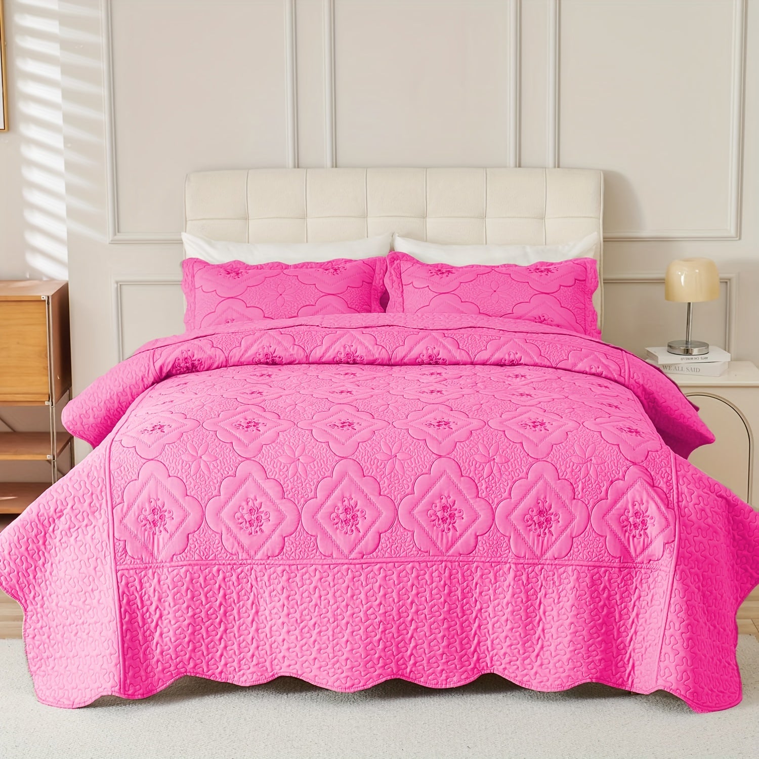 Quilt Set 3 Piece Floral Embroidery Bedspread - 100% Polyester Wrinkle Resistant Lightweight Quilted Coverlet with 2 Pillow Shams for Full Queen King Bed, Elegant Bedroom Decor in 19 Colors