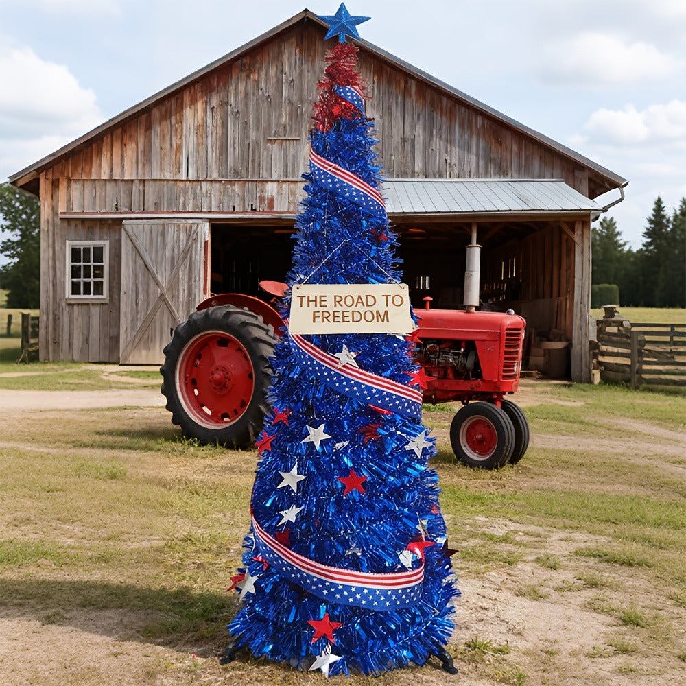 4th of July Decorative Tree 5ft LED Light, Foldable Patriotic Stars & Stripes Blue Christmas Tree with Red White Blue LED String Lights, Independence Day Party Decoration & Summer Gift