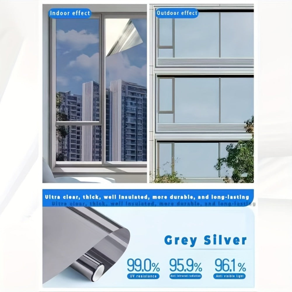 One Way Window Privacy Film Static Cling No Glue UV Blocking Heat Control Reflective Mirror Film for Home Office Bathroom, 12 Mil, Black Blue Gray Silver