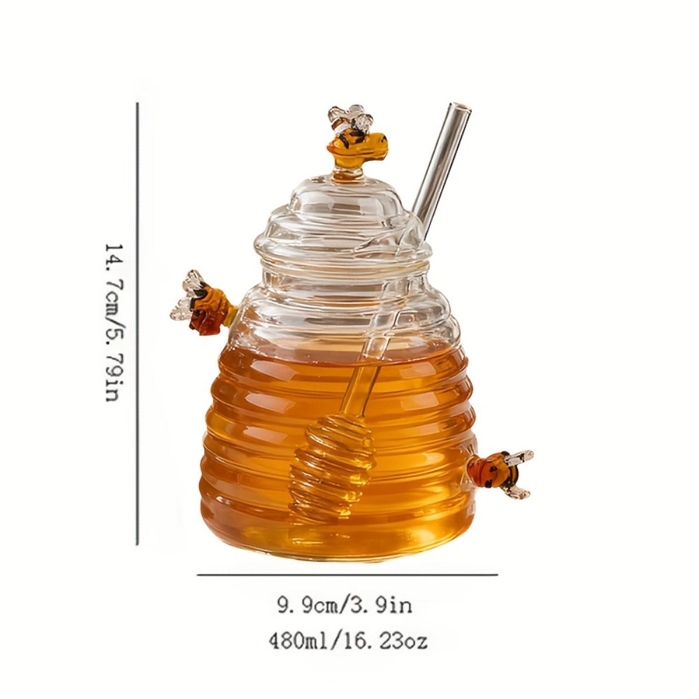 Glass Honeycomb Honey Jar with Lid and Stirrer | 480ml High Borosilicate Transparent Storage Container for Home Kitchen Wedding Party