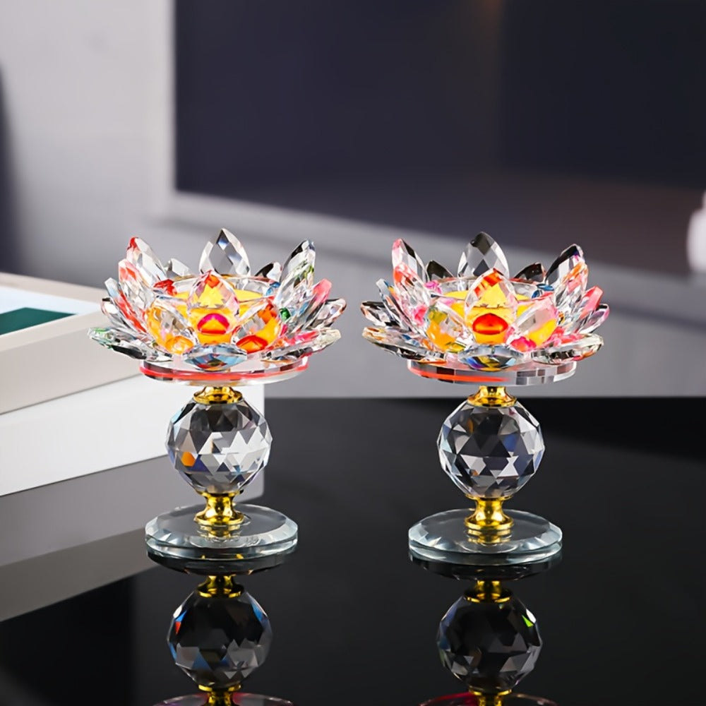 Crystal Lotus Candle Holder 2pcs, Polished Decorative Lotus Candleholder for Tea Light & Pillar Candles, Elegant Home Decor Centerpiece for Christmas, Thanksgiving, Halloween, Easter & Hanukkah ¨C Green, Purple, Blue, Pink