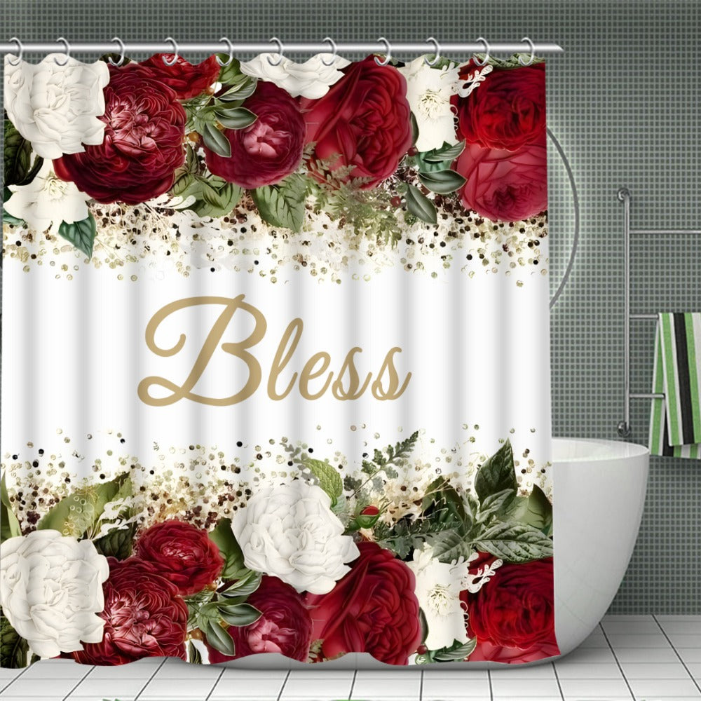 Rose Print Shower Curtain 4-Piece Bathroom Set ¨C Toilet Lid Cover Mat Machine Washable with 12 Hooks Elegant Floral Decor