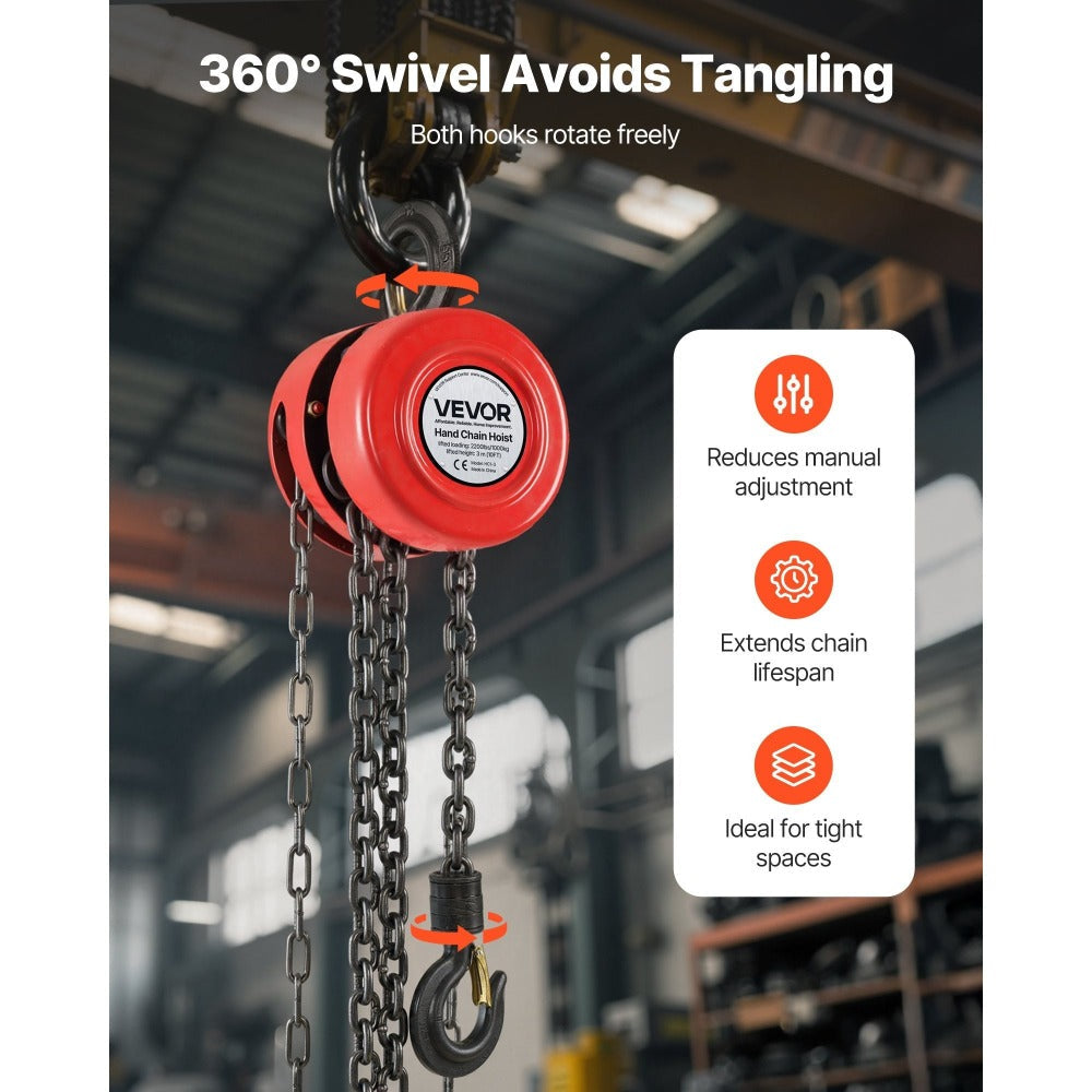 Hand Chain Hoist 2200 lb / 4400 lb Manual Chain Block with G70 Chain ¨C 8 ft / 10 ft / 20 ft Lift Height, 360¡ã Rotating Hooks, Security Brake, for Garage, Construction & Warehouse Lifting