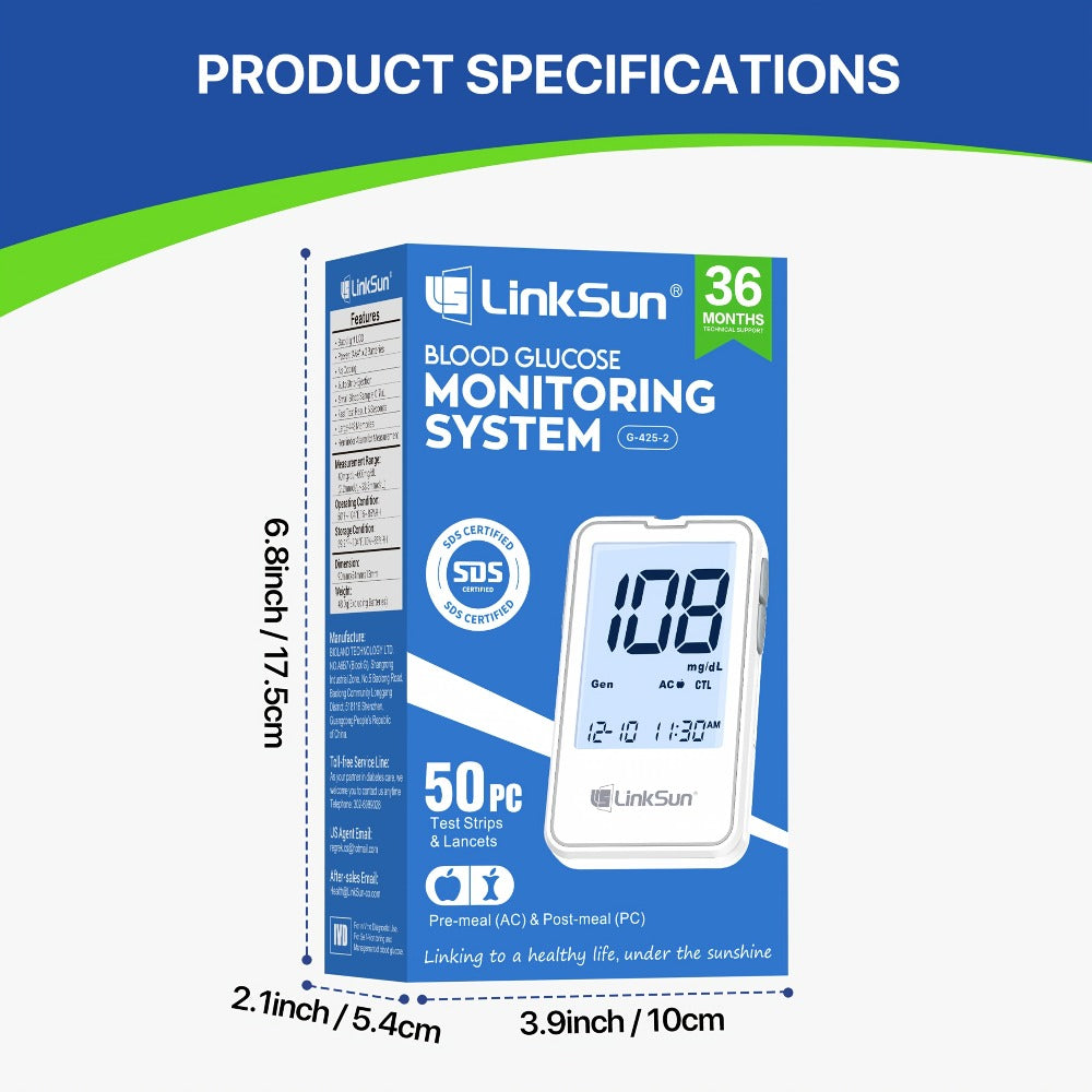 Blood Glucose Monitor Kit with 100 Test Strips & Lancets | Linksun Diabetes Testing Set | Large Display 448 Memory No Coding Glucometer