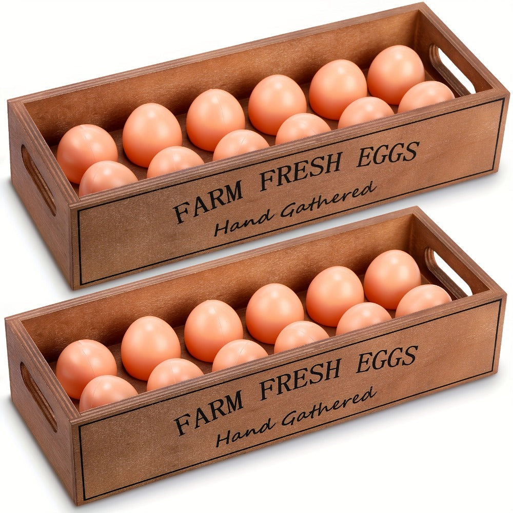Farmhouse Wooden Egg Holder Rack 2pcs - 24 Egg Storage Display with Handle for Kitchen, Farm, Easter