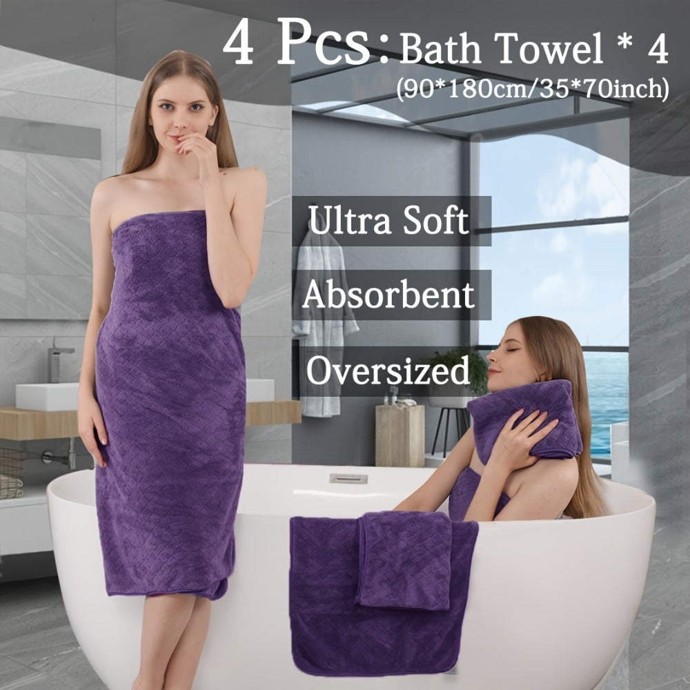 Oversized Bath Towel Set 4 Piece Diamond Pattern Microfiber - Ultra Soft Highly Absorbent Quick Dry | 10 Colors | Blue Green Black Gray Navy Orchid Brown Purple White Turquoise | Bathroom Hotel Gym Gift