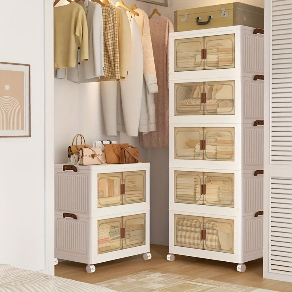 Folding Storage Cabinet 1-6 Tier Collapsible Stackable Organizer with Wheels and Lids - Extra Large Foldable Storage Locker for Closet Bedroom Office Kitchen 50CM Wide
