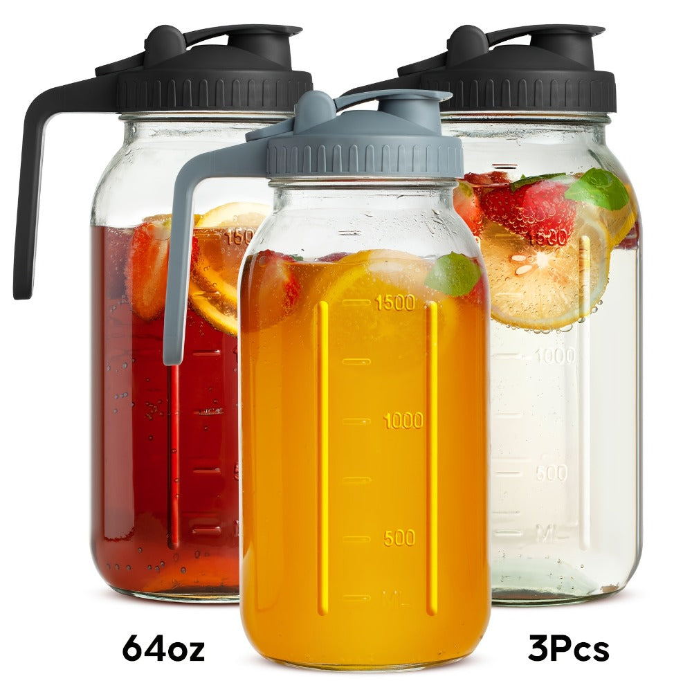 Mason Jar Pitcher 64oz Wide Mouth Glass Pitcher with Pour Spout & Handle ¨C 2 Pack Leak Proof Iced Tea Pitcher for Fridge, Coffee Creamer, Sun Tea & Juice