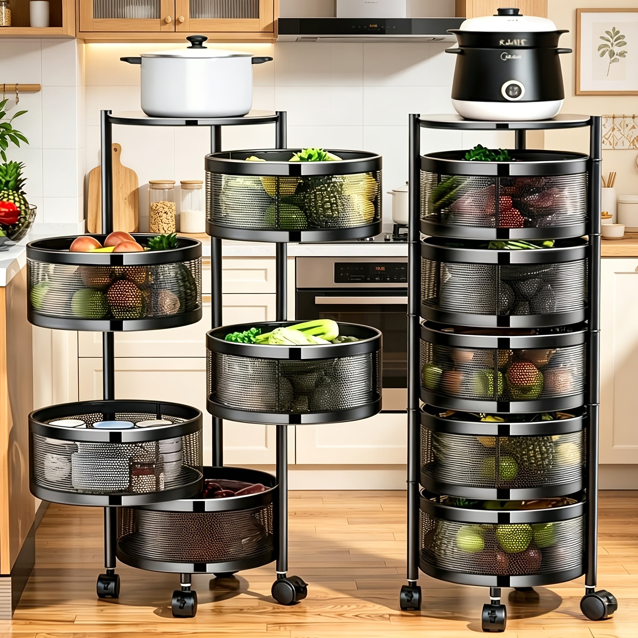 Rolling Storage Cart with Wheels 5-Tier 360¡ã Rotating Kitchen Organizer Basket, No Assembly Space-Saving Floor Standing Bin for Kitchen Pantry Bathroom Bedroom Fruits Vegetables Home Organization