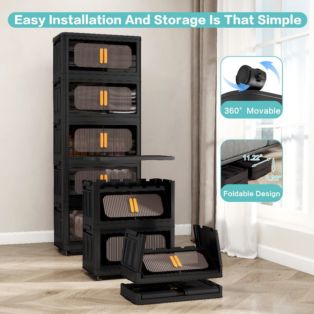 Rolling Storage Cart 4 5 Tier Double Door Collapsible Stackable Plastic Organizer with 360 Lockable Wheels Space Saving Bin for Dorm Office Closet Bedroom Garage Gym