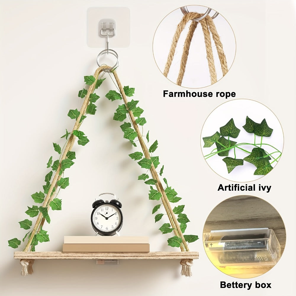 Floating Wall Shelves with Artificial Ivy LED Strip Lights Macrame Boho Wood Hanging Shelf Plant Wall Decor Bedroom Living Room Bathroom 15.7 Inch