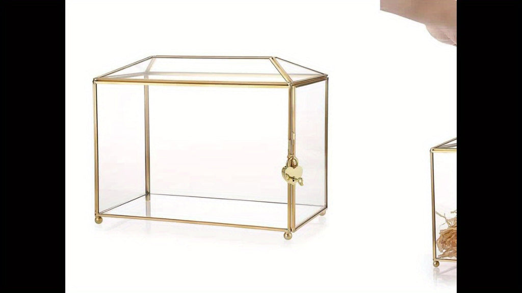 Wedding Card Box with Lock Glass Gold Transparent Slot Lid 10.2x5.9x8.3 In Holds 100 Cards for Wedding Baby Shower Birthday Party