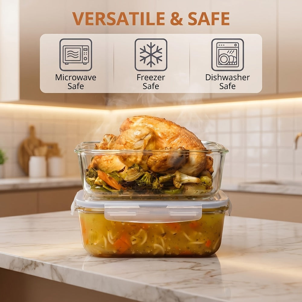 Glass Food Storage Containers with Lids 2 Pack ¨C 63oz Large Airtight Snap Lock Meal Prep Containers, Leak Proof Glass Dish with Lid for Oven, Microwave & Refrigerator, Food Transport Tubs