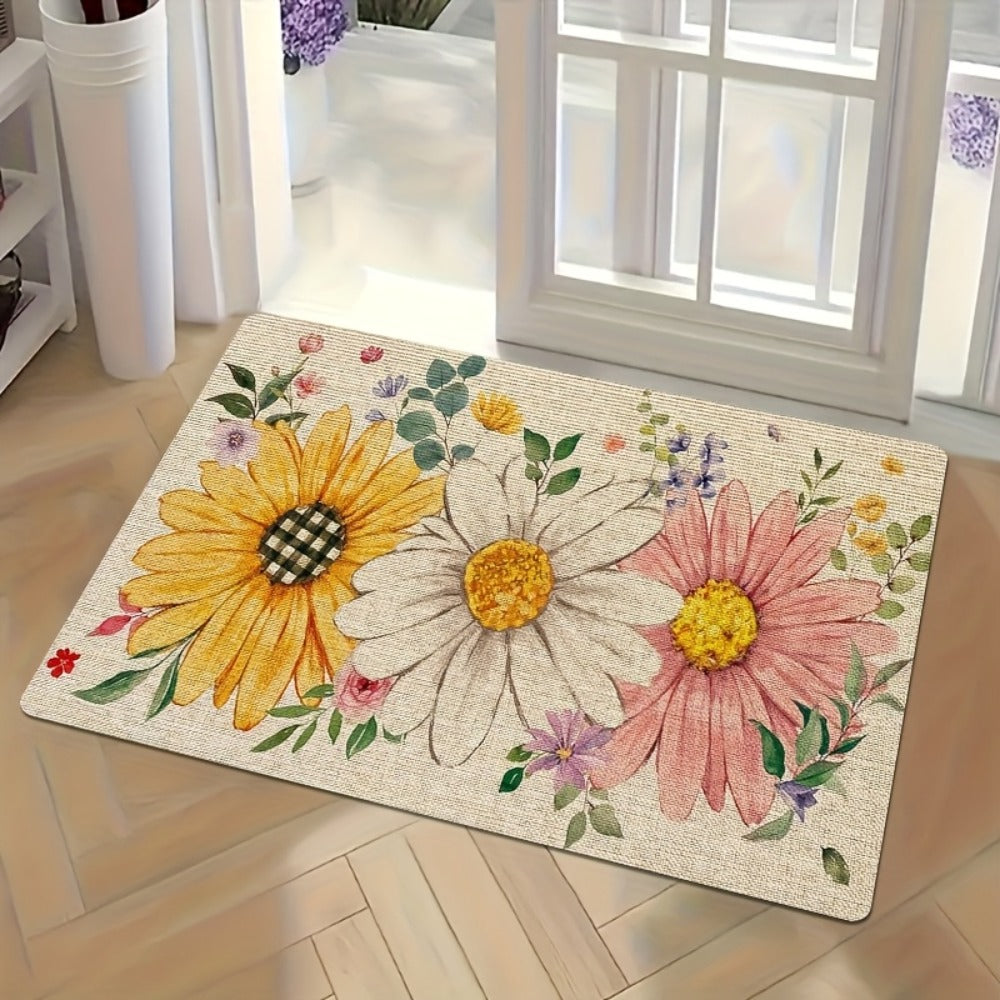 Sunflower Daisy Doormat Floral Welcome Mat Flannel Non-Slip Rug for Front Door Entryway Bathroom Kitchen, Spring Summer Seasonal Decor, 10mm Thick, Single & Set Options