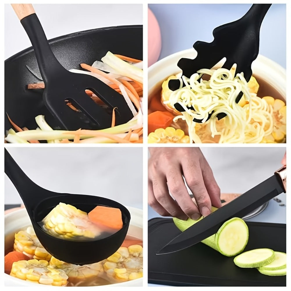 19-Piece Non-Stick Silicone Cookware Set with Bamboo Storage, Knives & Wooden Handle ¨C Pots, Pans & Utensils for Induction & Oven