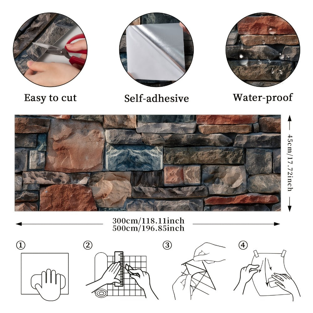 3D Brick Foam Wallpaper Self Adhesive Peel and Stick Wall Panels Waterproof PVC Rustic Brick Pattern Home Bathroom Kitchen Wall Decor Blue Brown Red 17.5in Wide