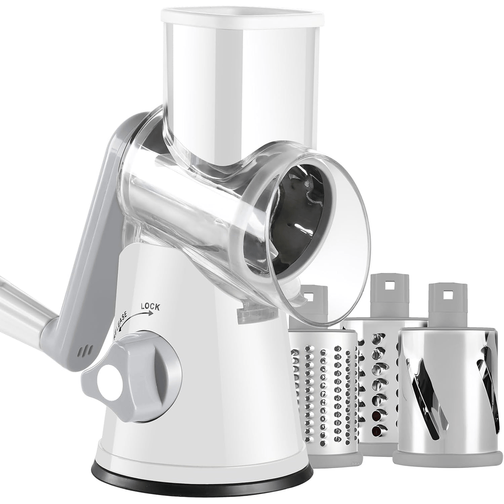 Rotary Cheese Grater ¨C Stainless Steel Hand Crank Shredder with 3 Interchangeable Blades, Non-Slip Suction Base & Cleaning Brush, BPA-Free Vegetable Grater for Cheese, Nuts & Vegetables