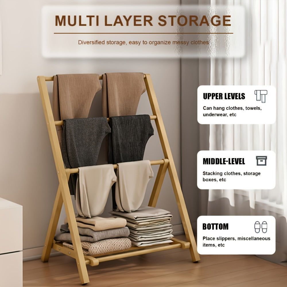 Bamboo Drying Rack 3 Tier Foldable with Storage Box - Space Saving Freestanding Clothes Hanger for Apartment, Bedroom, Bathroom & Balcony, Compact Laundry Rack for Small Spaces | Natural Burlywood