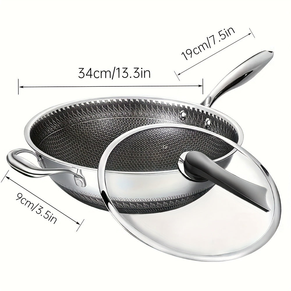 Stainless Steel Wok Set 13.3 Inch Non-stick Honeycomb Design with Lid & 2 Cookware Accessories ¨C Induction Compatible Cooking Pan for Electric Ceramic Gas Stove, Dishwasher Safe