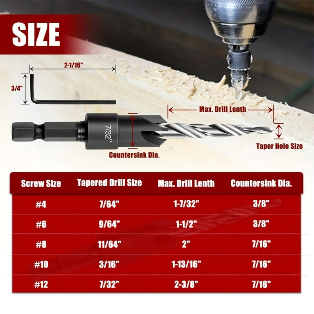 5pcs Countersink Drill Bit Set #4 #6 #8 #10 #12 Tapered with 1/4¡± Hex Shank Quick-Change ¨C Adjustable Wood Counter Sinker Bits with Allen Wrench for Woodworking