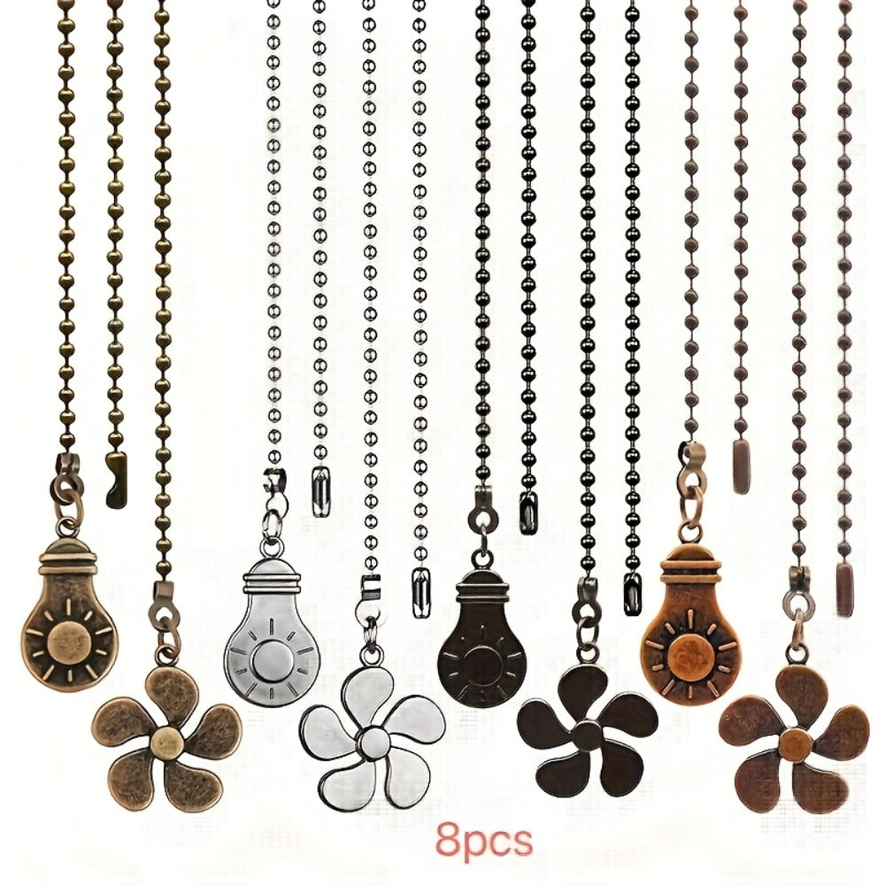 Ceiling Fan Pull Chain Extension Set of 8 - Decorative Bead Chain Pull Cord with Five-Leaf & Bulb Pendants, Iron Chain & Zinc Alloy, Bronze, Black, White, Red, Multi-Color, No Batteries Required