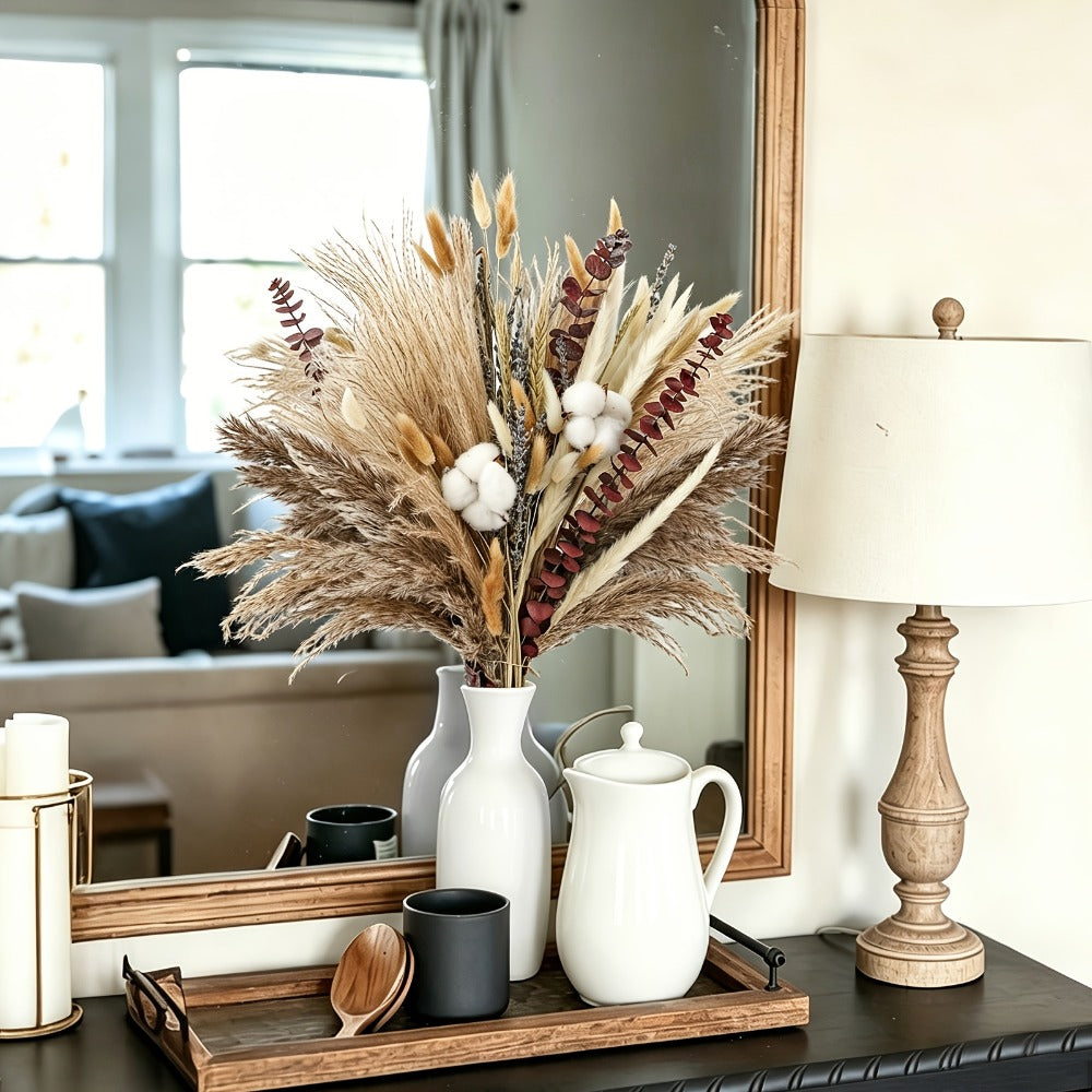 Boho Pampas Grass Dried Flower Arrangement ¨C Lavender Eucalyptus Bouquet with Gemstone Accents for Home Decor, Rustic Wedding Centerpiece & Bohemian Bedroom Vase Filler