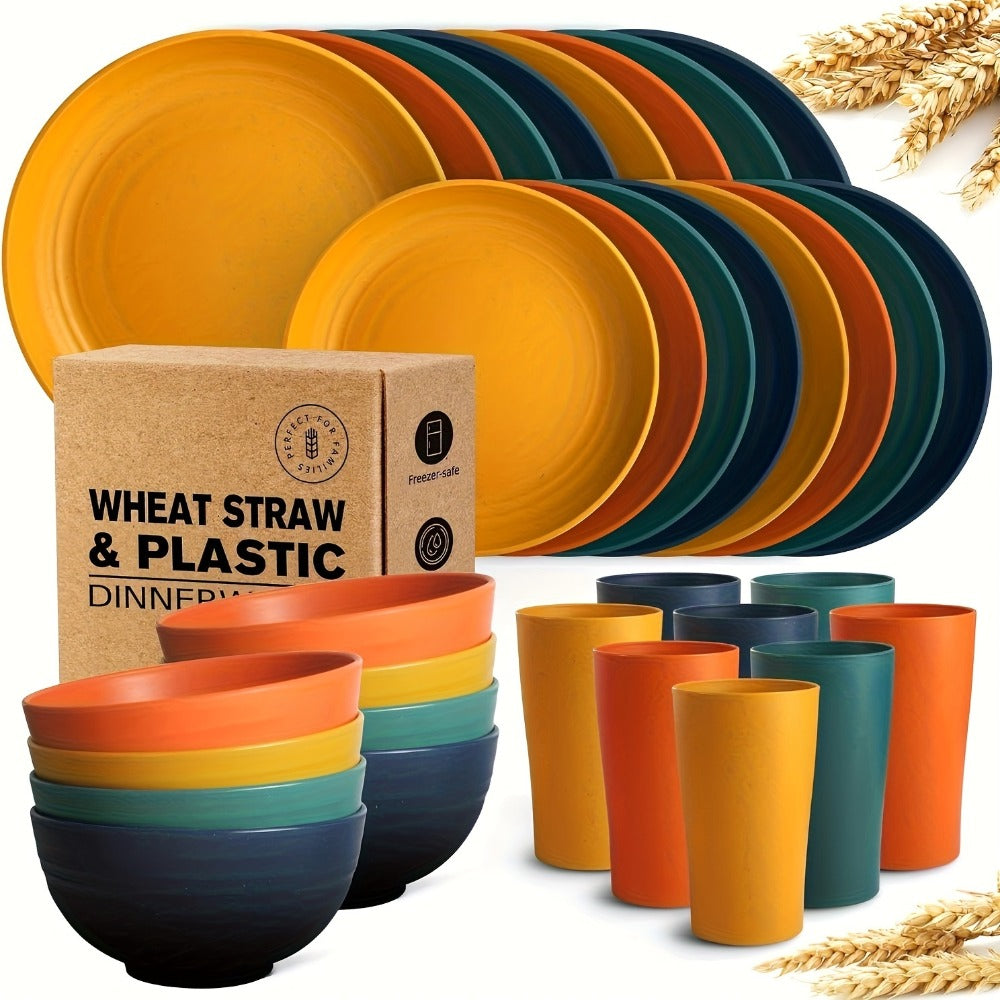 Wheat Straw Dinnerware Set 32/16pcs, Unbreakable Plastic Plates Bowls Cups, Colorful Outdoor Camping Dishes Service for 8