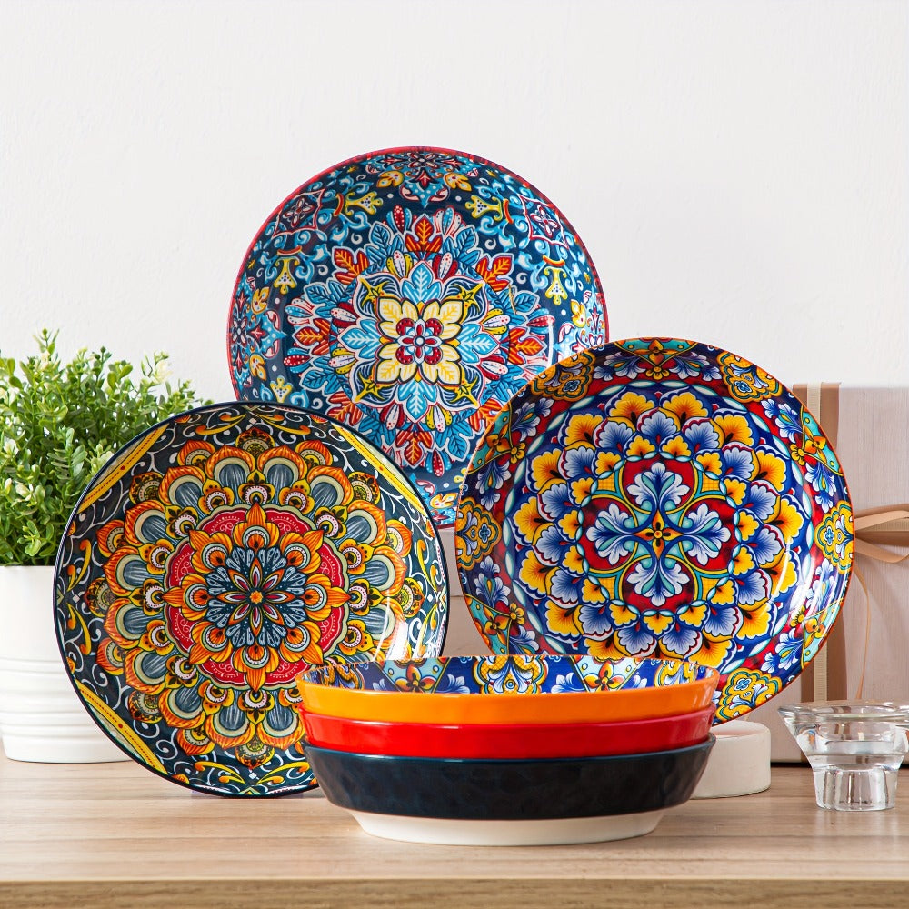 Bohemian Pasta Bowls Set of 6 | 32 Oz Porcelain, Floral Pattern, Microwave & Dishwasher Safe ¨C VANCASSO