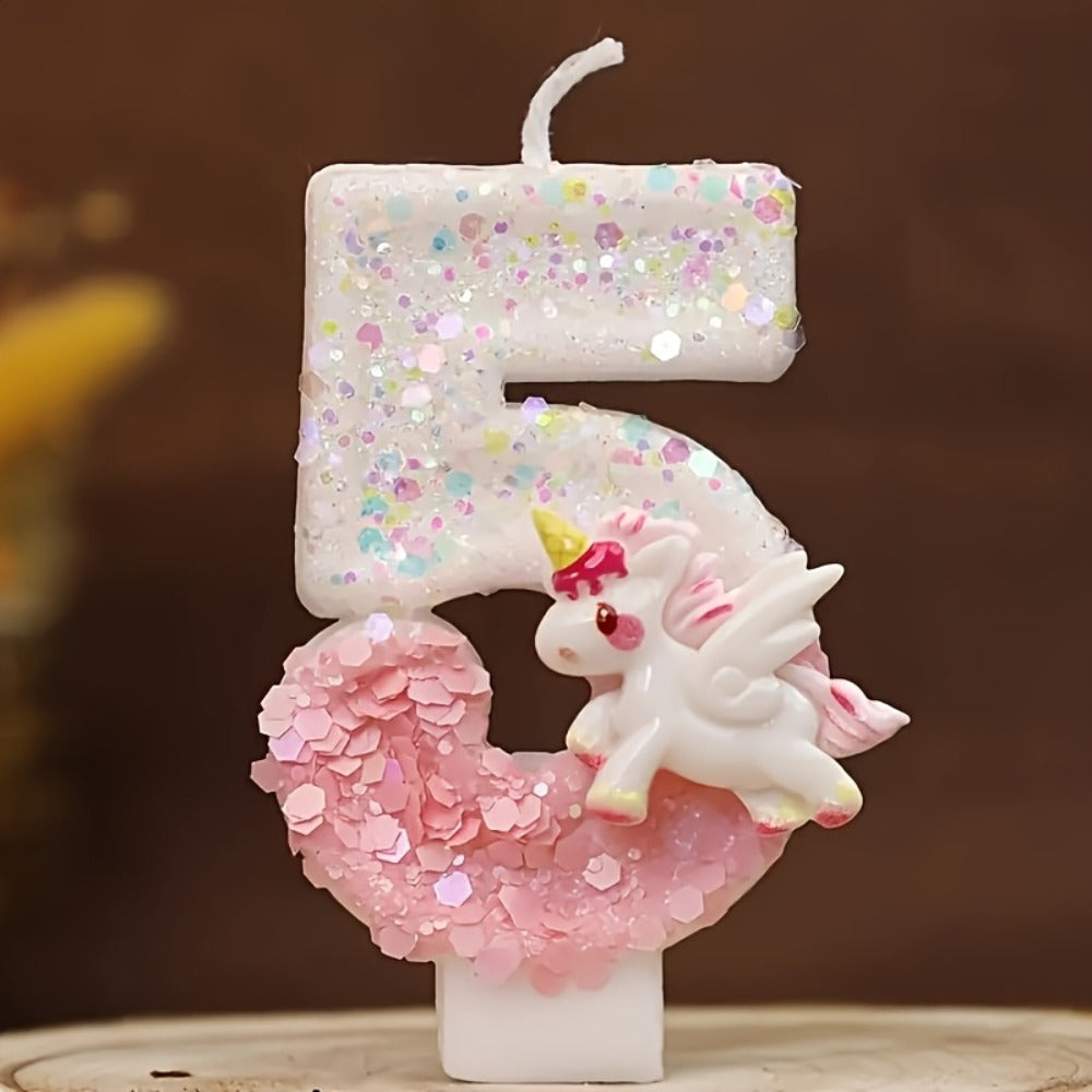 Unicorn Number Cake Topper 0-9 Birthday Party Decoration Glitter Figure Candle Topper for Birthday Anniversary Wedding Christmas Halloween Table Decor