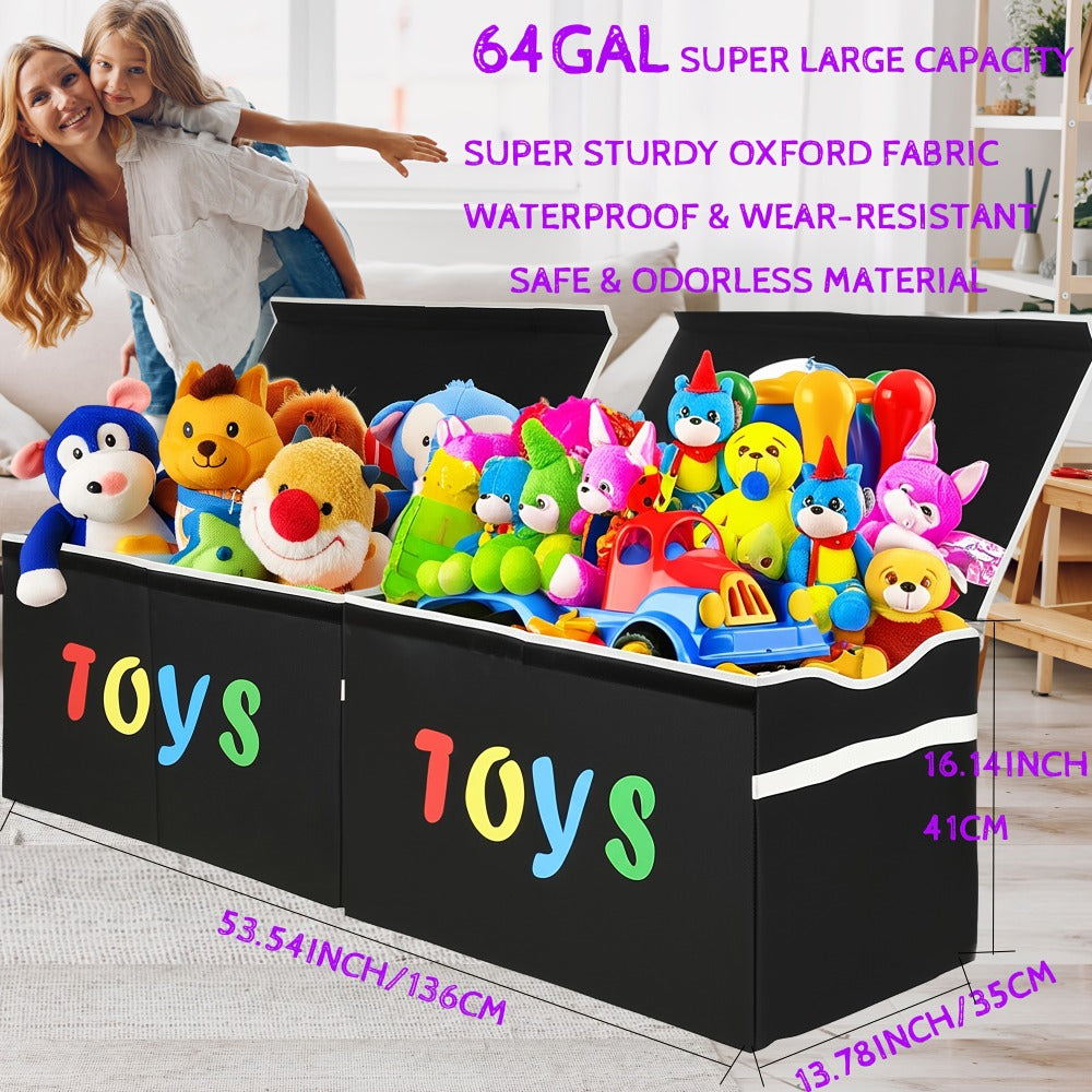 Collapsible Storage Box with Lid & Adjustable Dividers | Large Toy Chest Bin 54x16x14 Inch | Foldable Organizer for Playroom Bedroom Nursery | Boys Girls Toy Storage Box Black Dark Grey