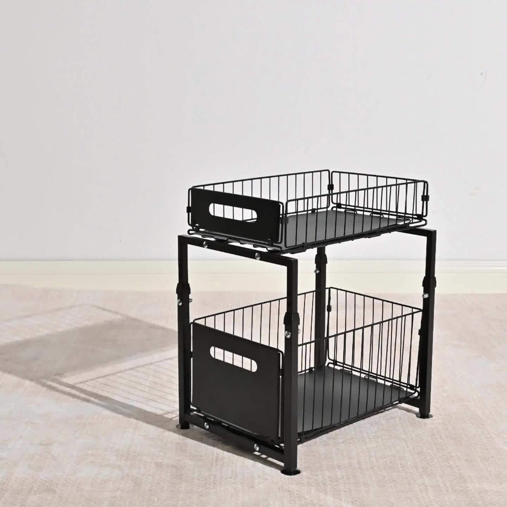 2-Tier Pull Out Cabinet Organizer No Drill Slide Out Shelf Kitchen Pantry Storage Roll Out Drawer Black