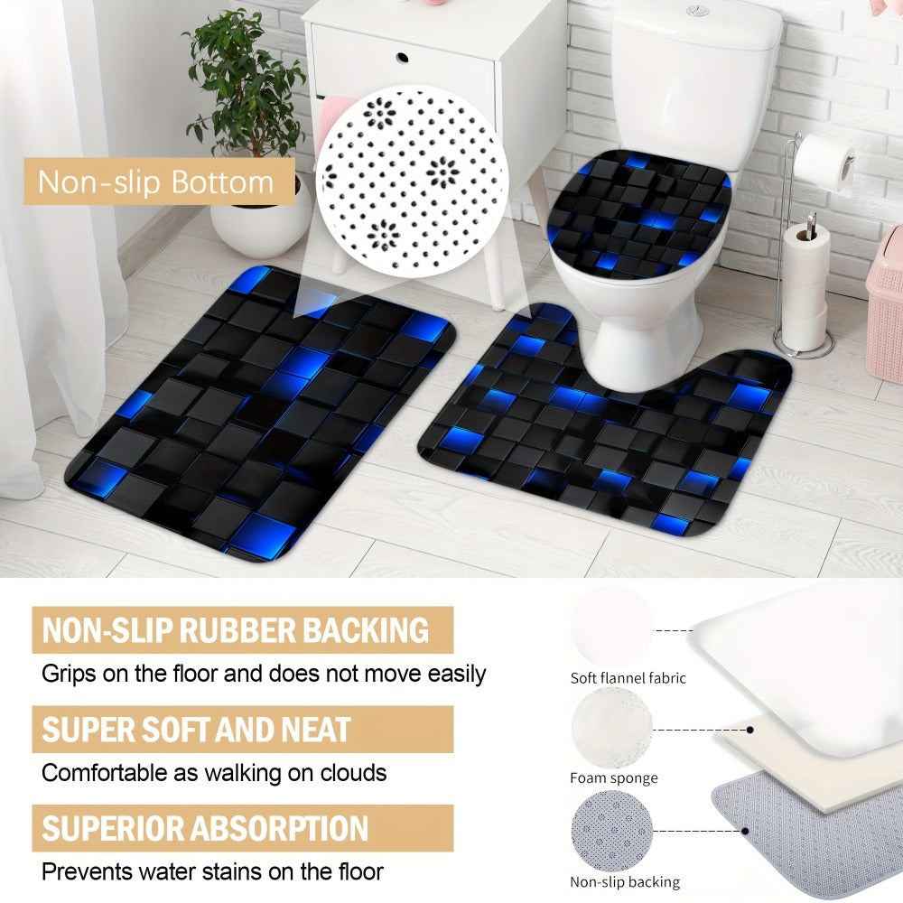 Shower Curtain Set with 12 Hooks & Toilet Seat Cover, 4-Piece Bathroom Set Dark Blue Geometric Abstract Cube Pattern, Modern Waterproof Bath Curtain Set for Bathroom Decor
