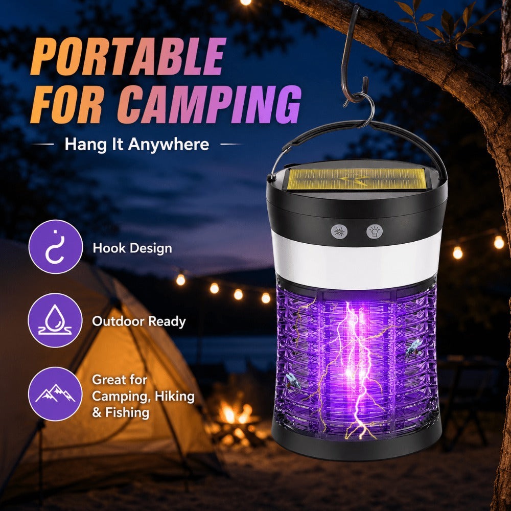 Solar Bug Zapper Electric 3-in-1 ¨C 3000V UV 365nm Mosquito Killer Rechargeable Insect Fly Trap with White Light & Flashlight, 2100 Sq Ft Coverage for Indoor Outdoor Home Patio Backyard Camping ¨C Black