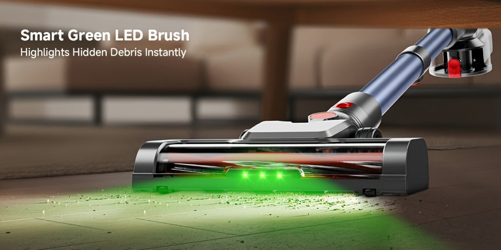 Anti-Tangle LED Vacuum Cleaner 55-69Kpa Corded & Cordless with Green LED Brush, Removable Battery & Multiple Suction Levels - Up to 45 Min Runtime for Carpets, Pet Hair & Hardwood Floors, 7 Colors