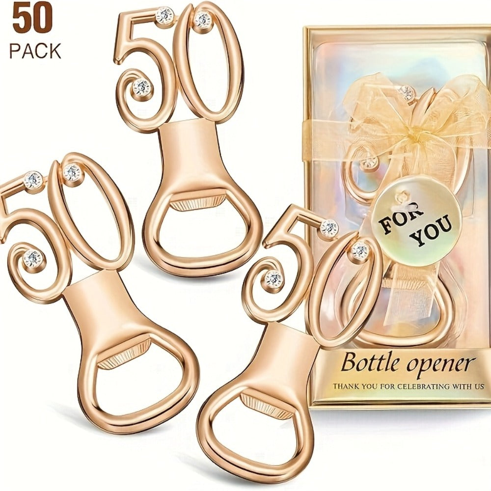 Rhinestone Bottle Opener Party Favors 50 Pack - Gold 50th Birthday & Wedding Anniversary Souvenirs for Guests, Decorative Beer Opener Bulk Party Favors with Rhinestone Bling Decoration