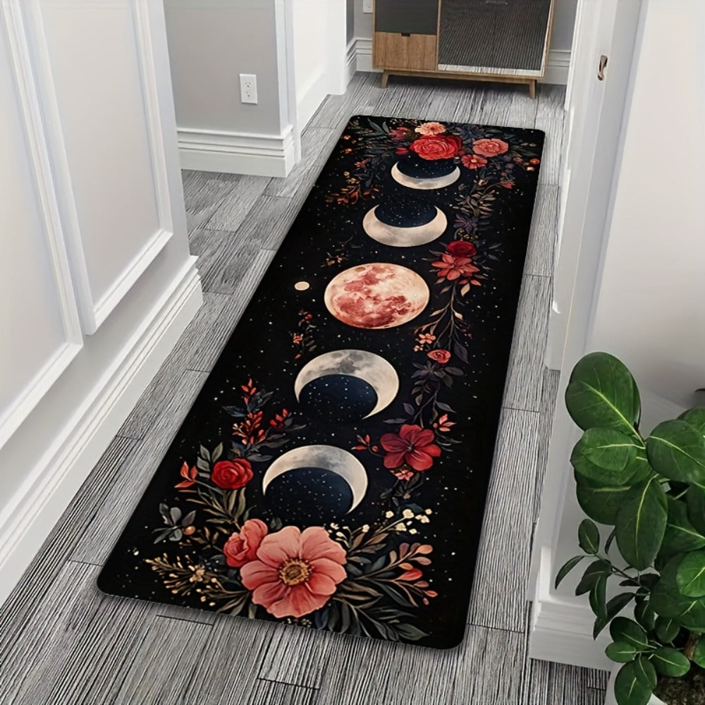 Bohemian Moon Phase Floral Area Rug Non-Slip Washable Rectangle Mat, Artistic Decorative Kitchen Runner for Hardwood Floors, Bedroom, Living Room, Laundry Room, Entryway and Hallway Home Decor
