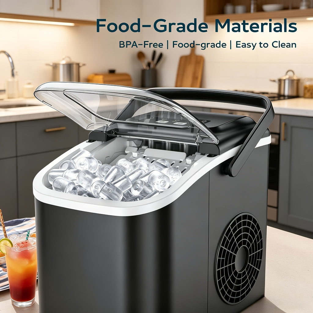 Portable Ice Maker Countertop ¨C Bullet Ice Machine 26-29 Lbs Daily, 9 Ice Cubes in 6 Mins, Self-Cleaning, Quiet Under 45dB, with Handle, Basket & Scoop, for Home, Kitchen, Camping & RV