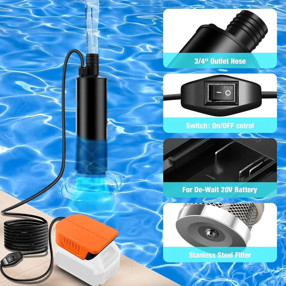 Cordless Water Transfer Pump for DeWalt 20V 60V Battery 635GPH IP65 Portable Sump Pump for Pool Cover Basement Garden RV Pond Camping Car Wash No Battery