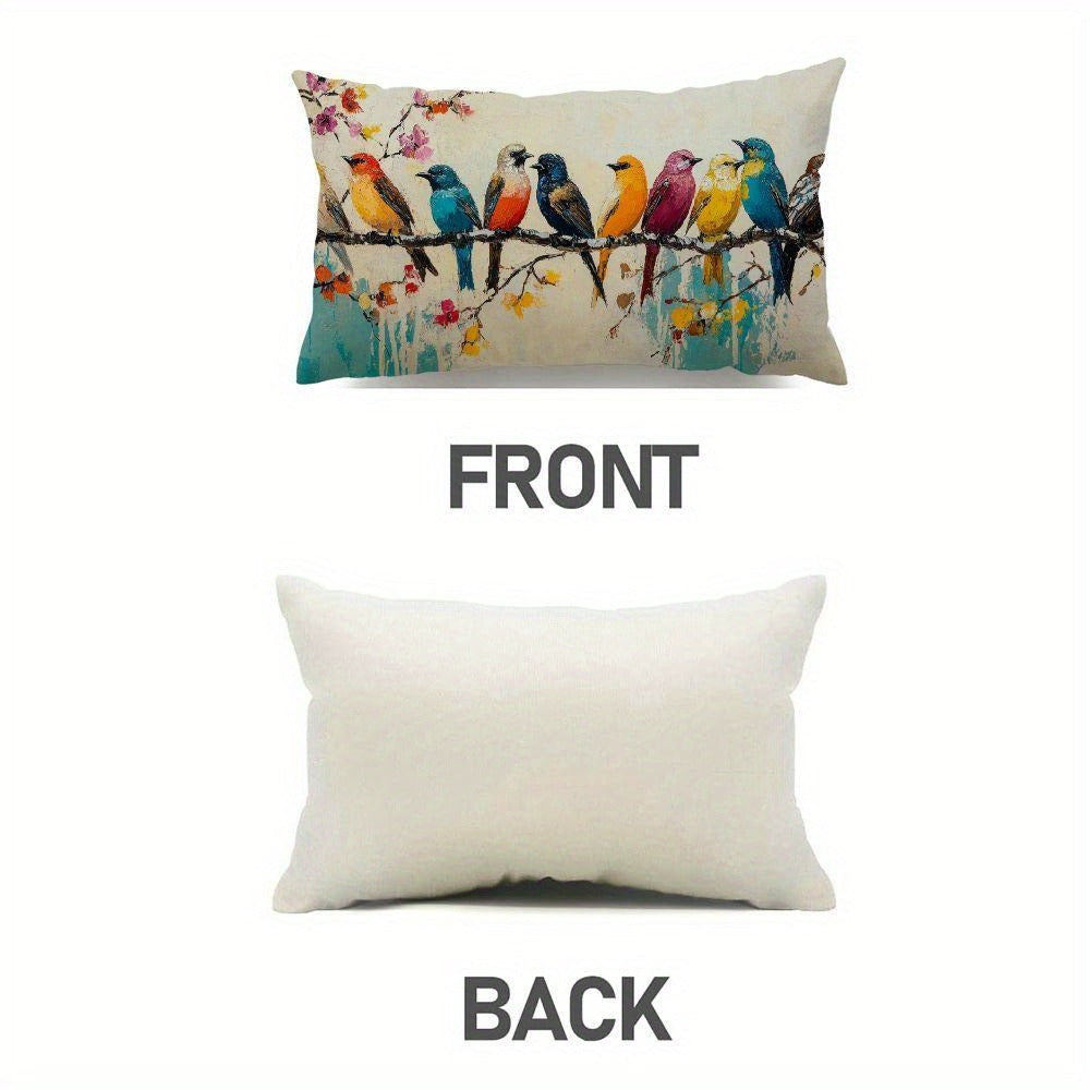 Lumbar Pillow Covers 12x20 Inch Watercolor Bird Pattern - Decorative Linen Throw Pillow Cases Cute Nature Print Zipper Closure | 1pc or 2pcs | Bedroom Living Room Sofa Couch Cushion Cover Home Decor