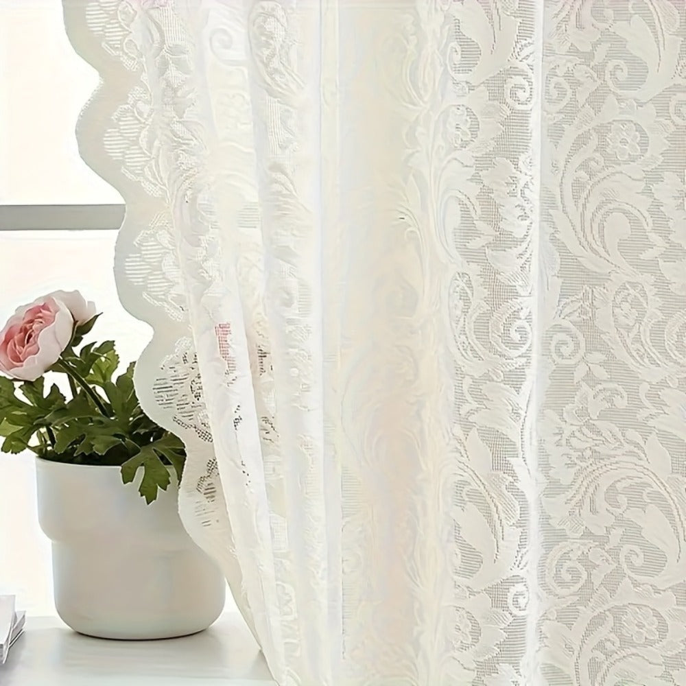 Sheer Curtain Rod Pocket Floral Lace Semi-Sheer Window Panel for Living Room Bedroom Kitchen Bathroom, 100% Polyester, Machine Washable, White Light Green Coffee