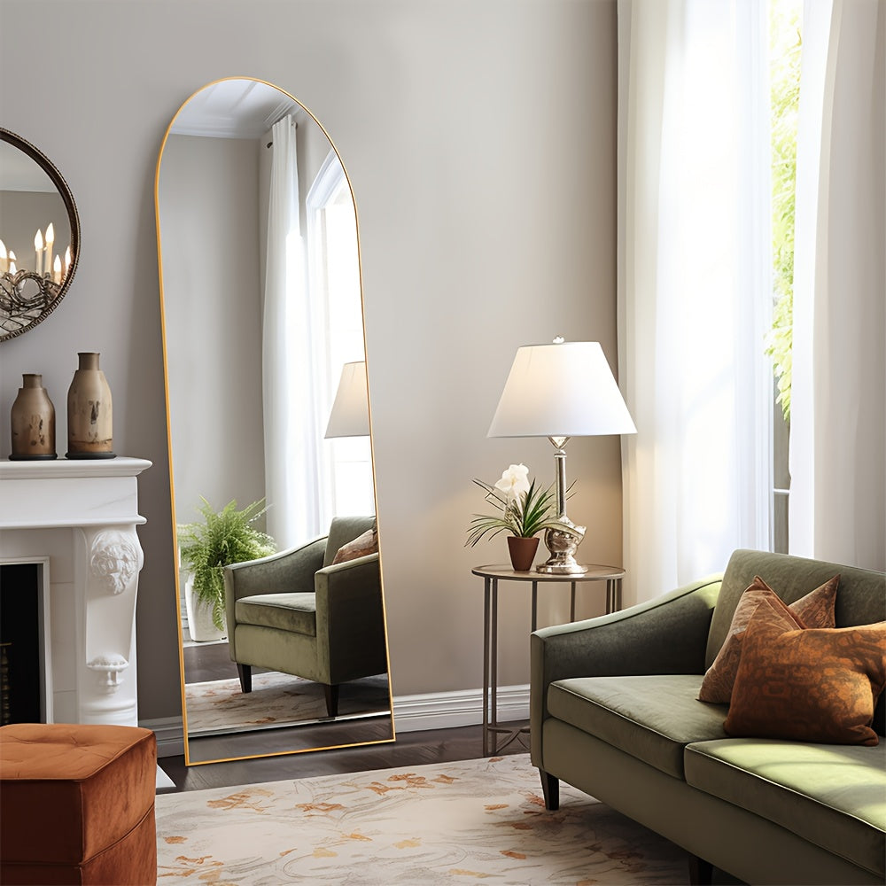 Full Length Mirror Floor Standing with LED Light - Arched & Rect Aluminum Frame Dressing Mirror for Bedroom Living Room, Black/Golden/White