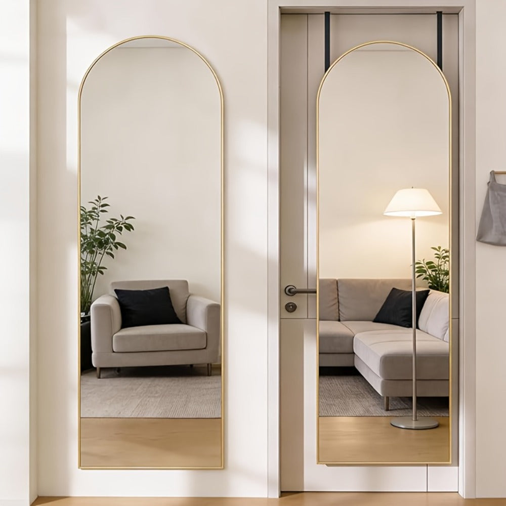 Full Length Mirror 47x14 ¨C Over the Door or Wall Mounted Hanging Mirror, Aluminum Alloy Frame, Full Body Dressing Mirror for Bedroom, Living Room & Entryway, Arched & Rectangular, Black & Gold
