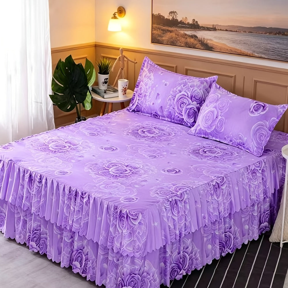 Floral Bed Skirt Set 3 Piece Tropical Print Ruffle Bed Skirt with 2 Pillowcases All-Season Polyester Machine Washable Bedroom Bedding Set Pink Purple Blue Peony Rose 150x200 180x200 200x220